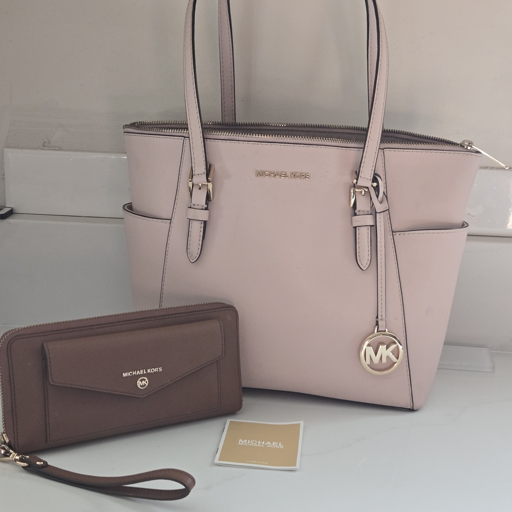 Michael Kors Pink and Brown Tote Bag and Wallet Set